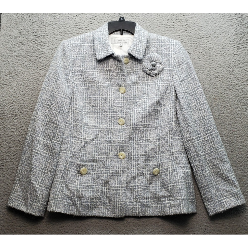 Tahari Blazer Jacket Womens 14 Multi Flower Patch Lined Collared Button Front